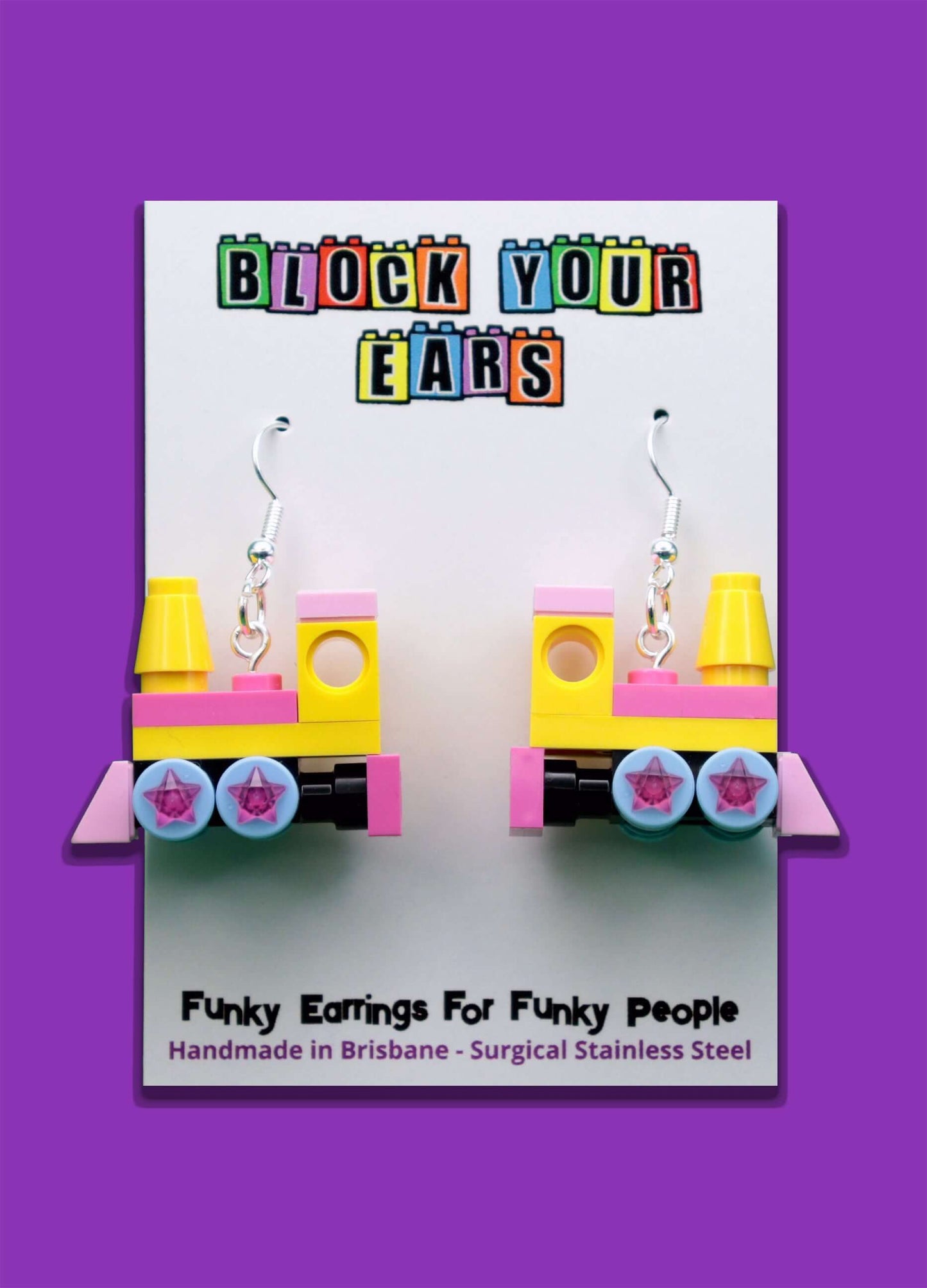 Handmade colourful steam train LEGO earrings with star wheels - Made in Australia
