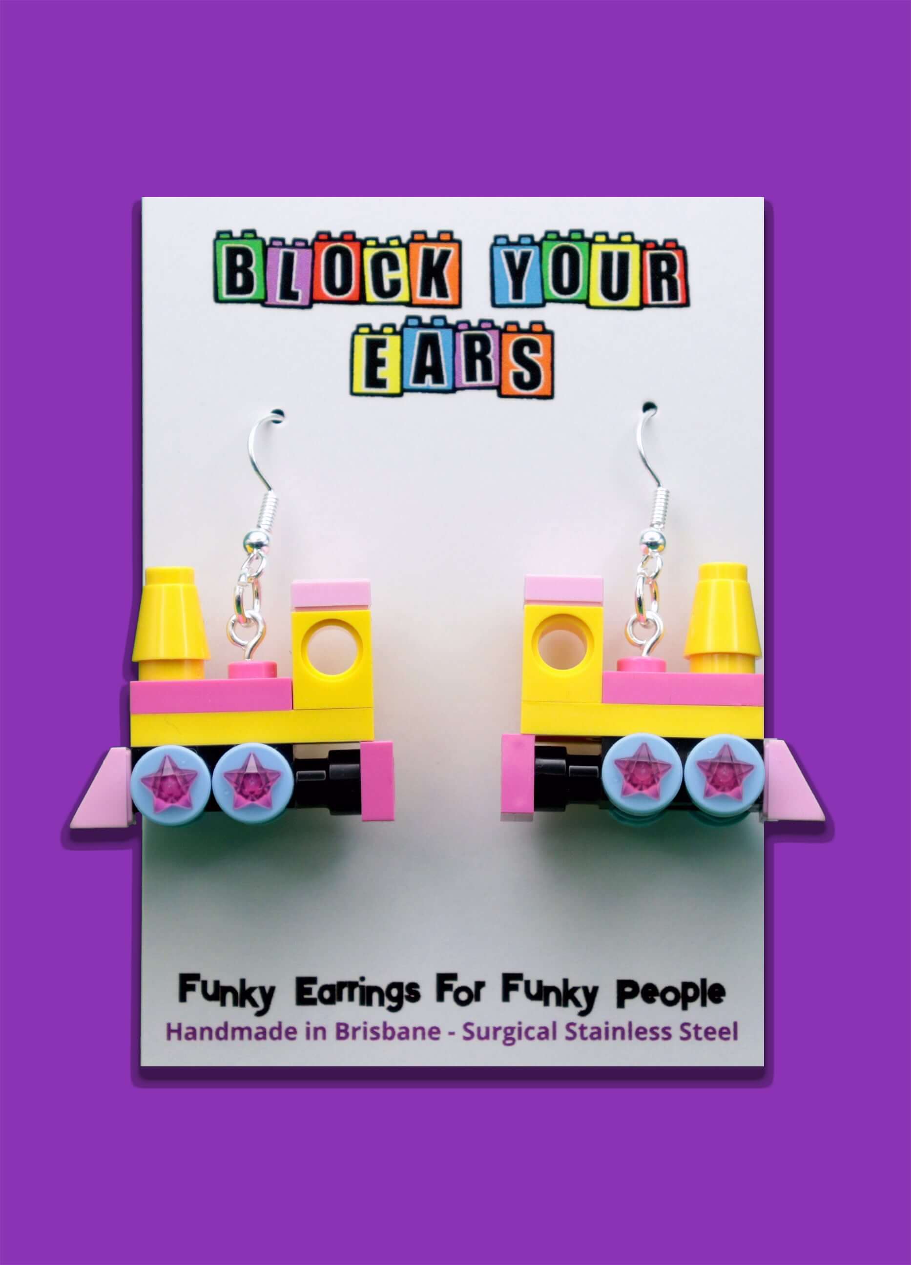 Handmade colourful steam train LEGO earrings with star wheels - Made in Australia