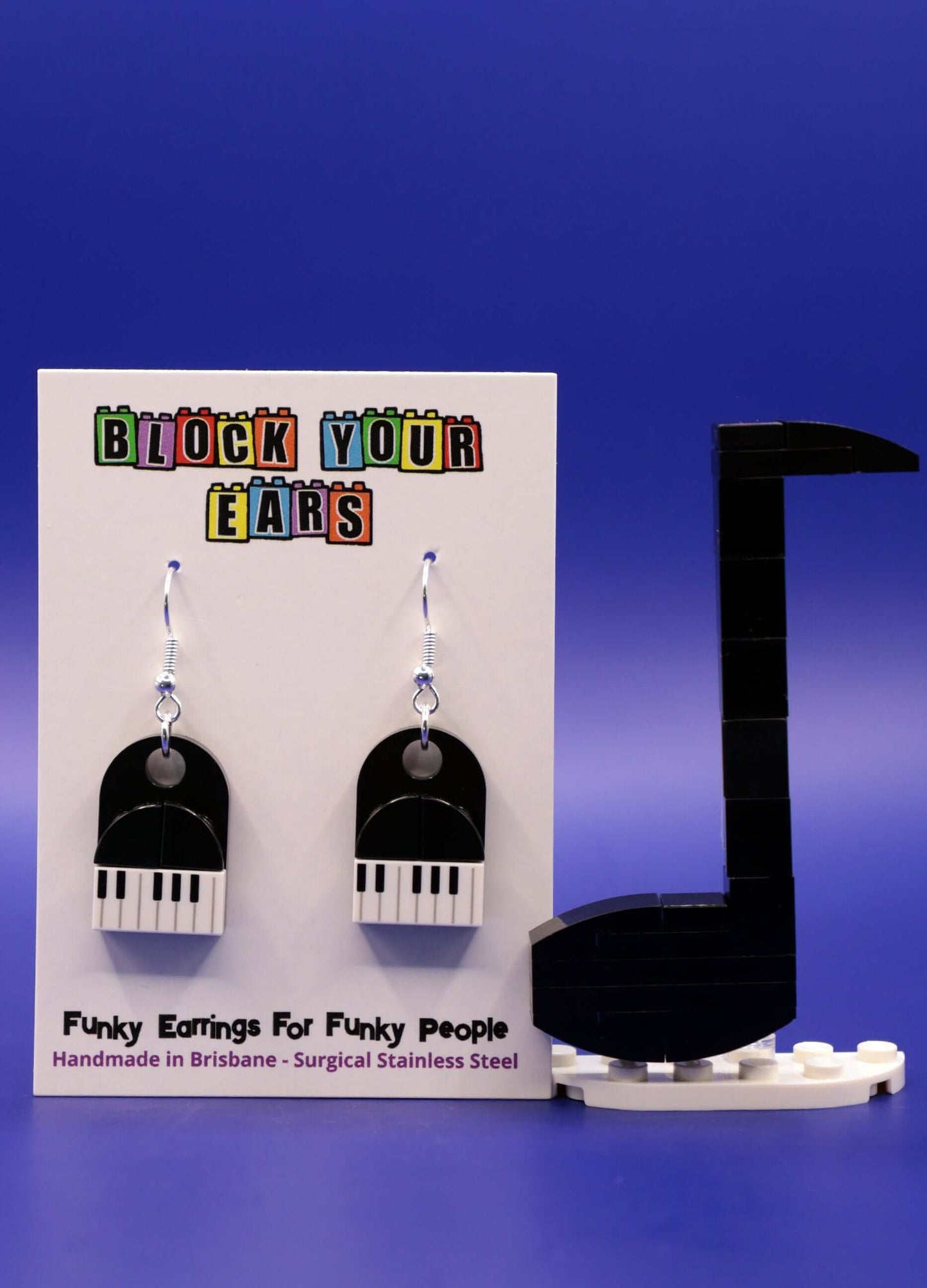 Music lover piano earrings - Handmade with LEGO - Dangles on card with quaver note
