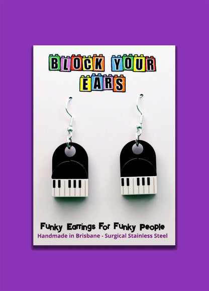 A pair of musical dangle piano earrings handmade with LEGO - Displayed on card