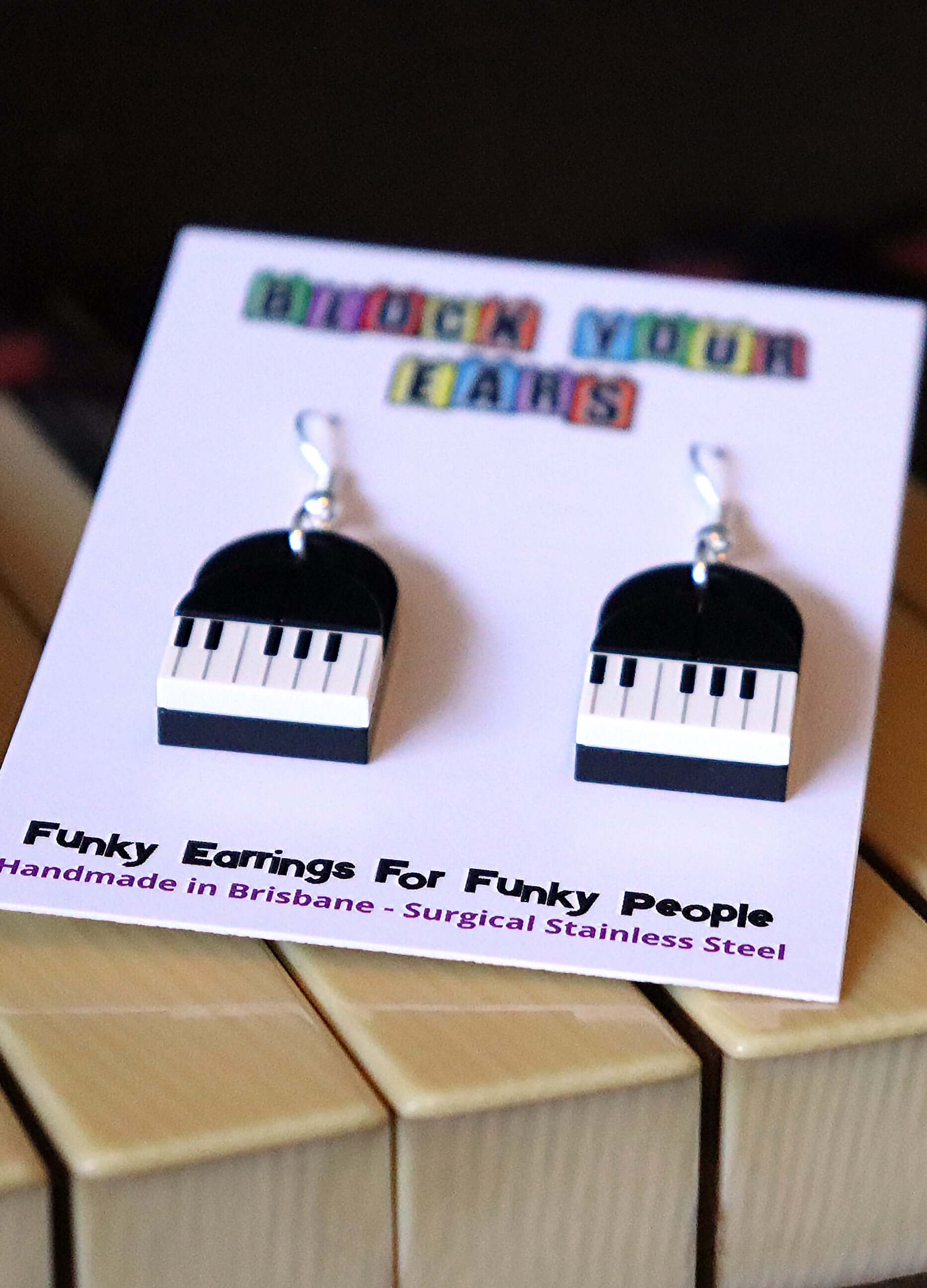 Music related piano dangle earrings - Handmade LEGO displayed on piano keys