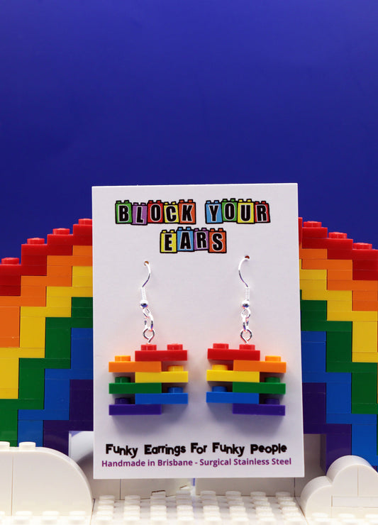 Handmade LEGO plate bright rainbow earrings - Surgical Stainless Steel