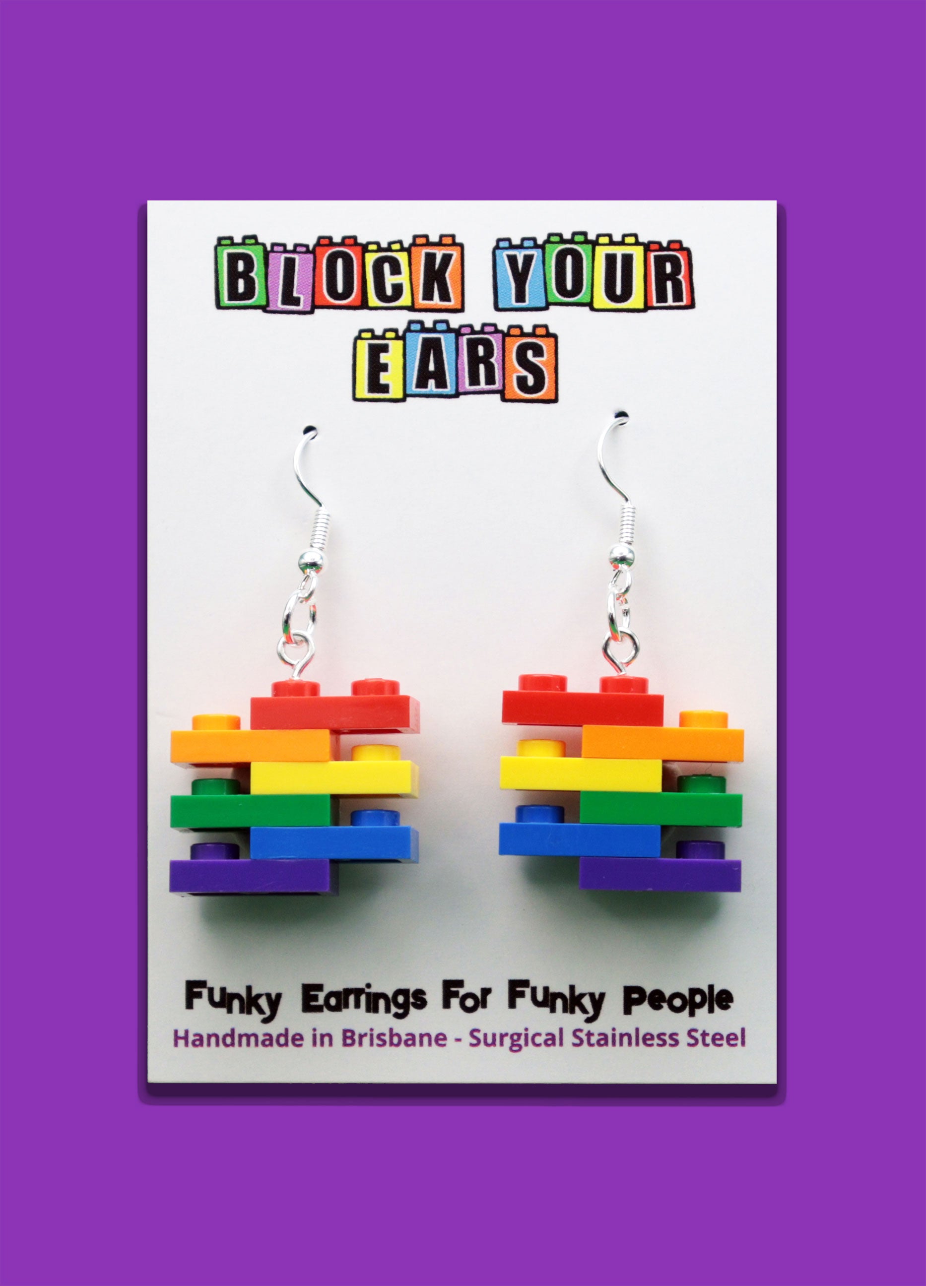Handmade rainbow-colored stacked LEGO plate earrings - Surgical Stainless Steel