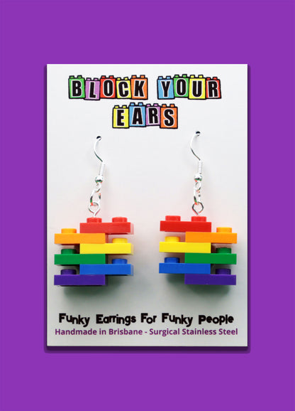 Handmade rainbow-colored stacked LEGO plate earrings - Surgical Stainless Steel
