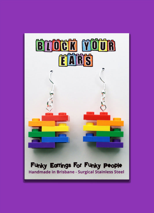 Handmade rainbow-colored stacked LEGO plate earrings - Surgical Stainless Steel
