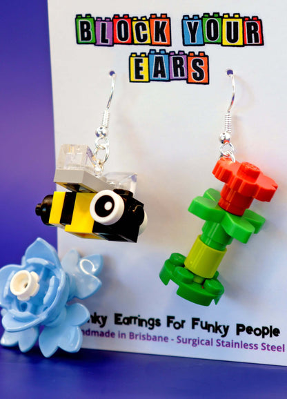 Secondary card image of cute bee and  red flower mismatched LEGO earrings 