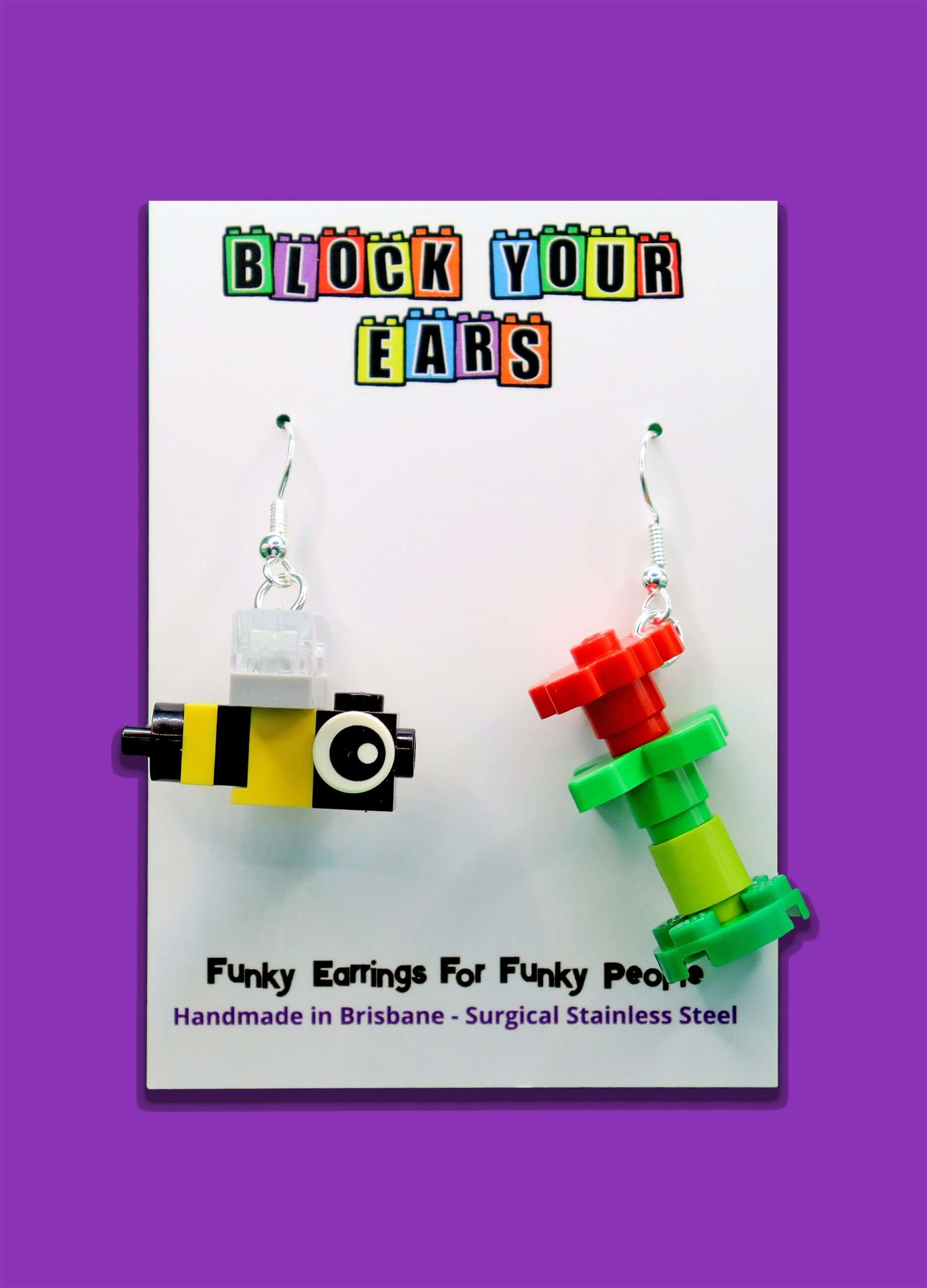 Mismatched bee and flower dangle earrings handmade from LEGO bricks - Block Your Ears