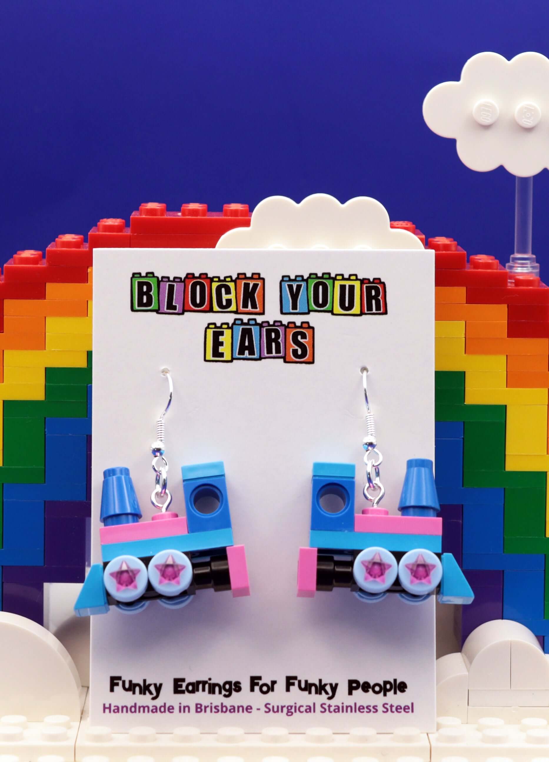 The Starlight Express– pink and blue LEGO earrings-miniature train on rainbow-block your ears