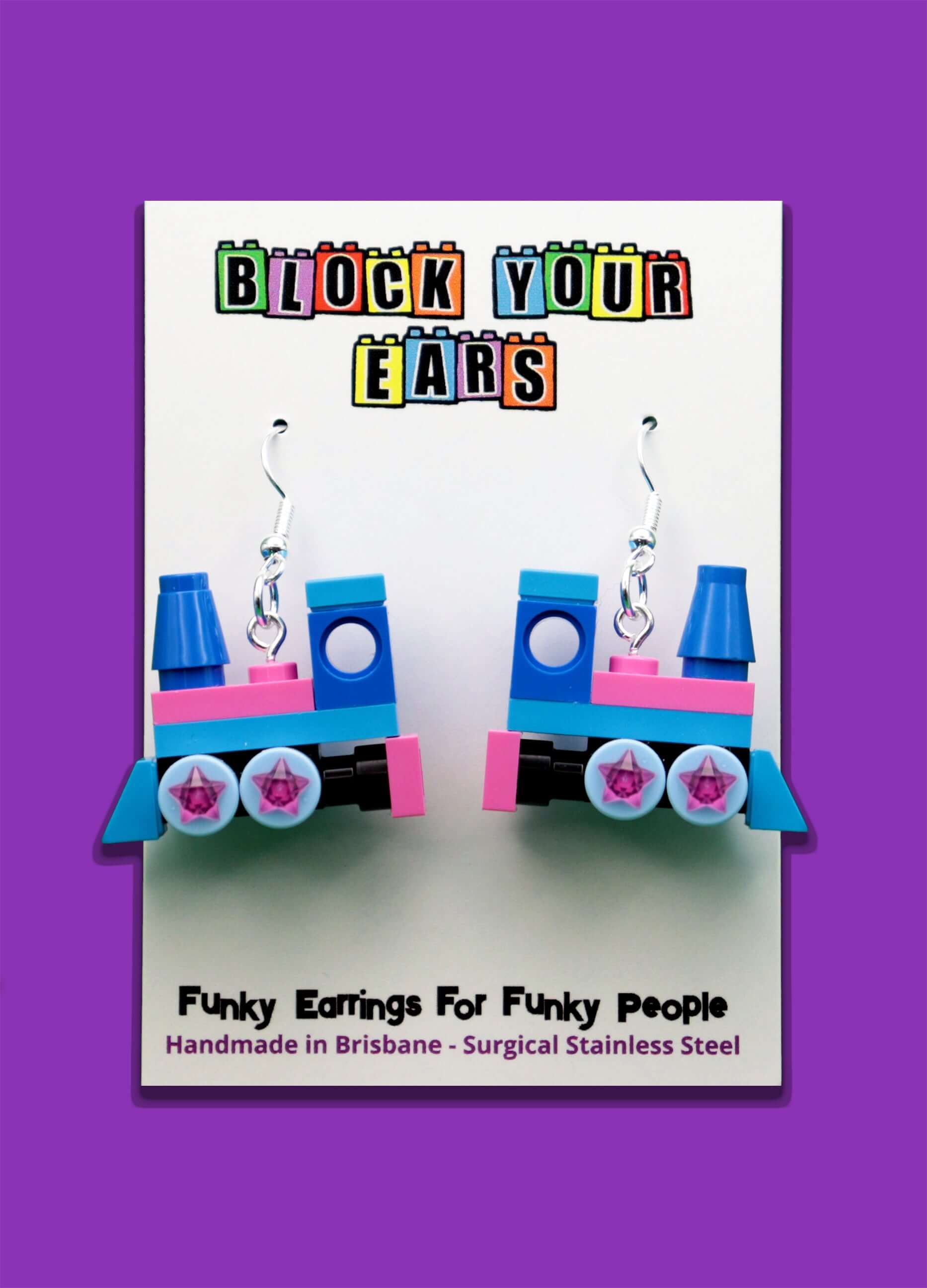 The Starlight Express earrings – pink and blue LEGO earrings-miniature steam train with starry wheels 